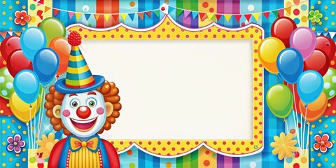 Obraz premium Colorful clown themed party invitation frame with space for text, balloons, confetti, whimsical design
