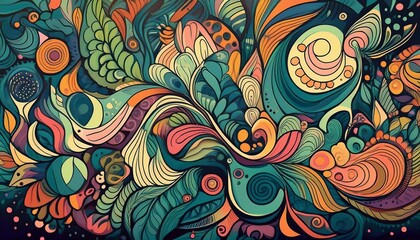 Abstract, hand-drawn doodles and patterns that overlap and intertwine, with a focus on spontaneity and artistic expression