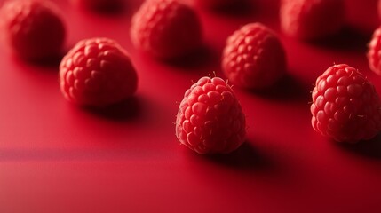 Fresh ripe raspberries arranged on a vibrant red background