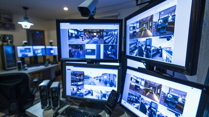 Fototapeta premium Security System Monitoring Room With Multiple Screens Showing Live Footage