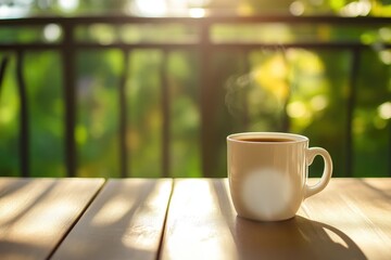 Obraz premium Relaxed Coffee Time with Mug on Wooden Balcony in Sunlight