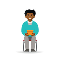 Vector cheeky african man character sitting and holding box