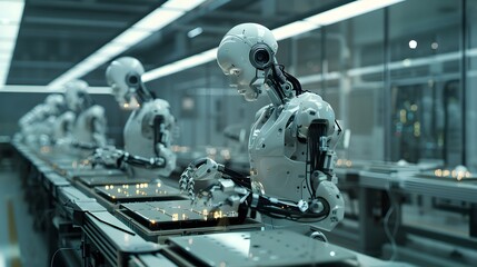 Fototapeta premium Industrial Robots Working on Assembly Line in Modern Factory