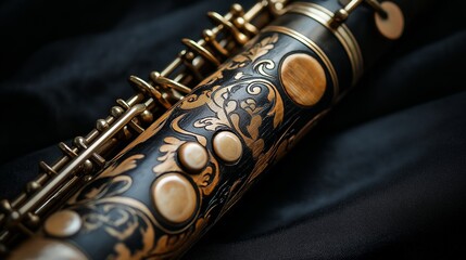 Obraz premium Close-up of a black and gold ornamented clarinet on a black textured surface.