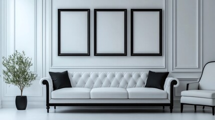 White Classic Living Room with Empty Frames