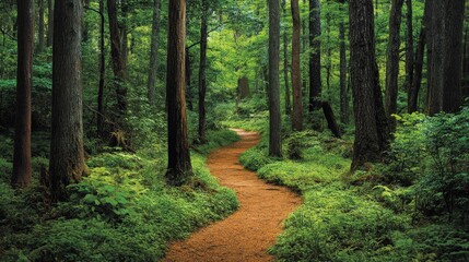 A tranquil forest setting with towering trees and a meandering path, capturing the peaceful ambiance and lush greenery of the woodland area