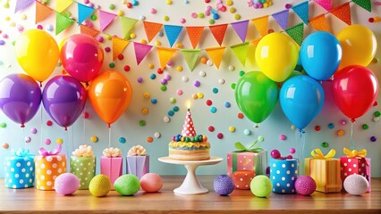 Bright and colorful first birthday party with balloons, confetti, and celebration