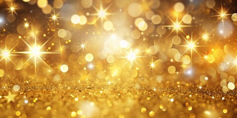 Bright gold bokeh lights background with shining stars perfect for holiday designs and festive concepts