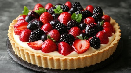 A delicious fruit tart featuring a delicate crust and a rich cream filling, garnished with a colorful selection of fresh berries including strawberries and blackberries