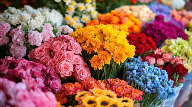A vibrant flower market brimming with colorful bouquets, showcasing a rich array of blooming flowers in various hues and arrangements