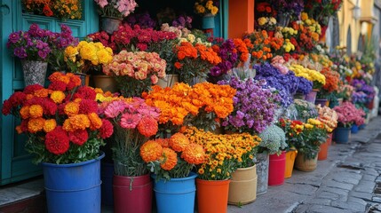 A lively and colorful flower market scene, featuring a variety of vibrant bouquets and floral arrangements, with bright colors and cheerful ambiance