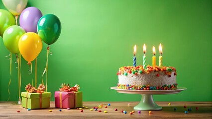 Birthday party celebration with cake, candles, balloons on green background with copy space