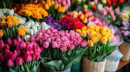 A high-resolution image of a flower market, with colorful bouquets arranged in an inviting display, creating a vibrant and appealing scene