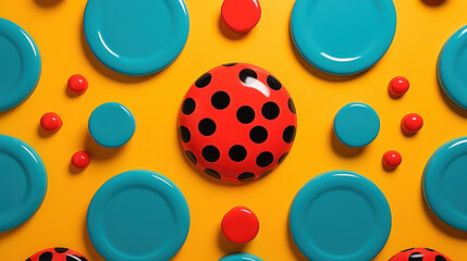 Vibrant Abstract Composition with Spheres in Dot and Blue Plates on Yellow Background