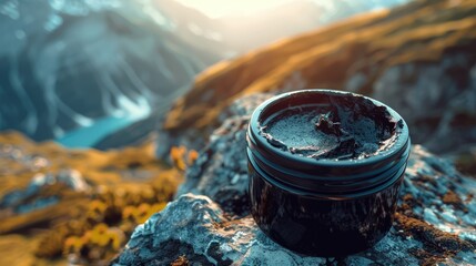 A jar of black liquid shilajit resin sits on a rocky surface, with a scenic mountain landscape in the blurred background, under soft sunlight. Himalayan Mountains