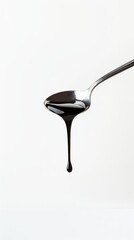 A close-up shot of a silver teaspoon with thick black liquid Shilajit resin dripping onto a white surface, emphasizing the rich, viscous texture of the resin. White background