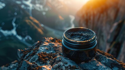 Top view, close-up of a jar of black liquid shilajit on a rock against the backdrop of the spring Himalayan mountains. Sunlight falls on the rocky peaks, contrasting with the dark, shiny shilajit 