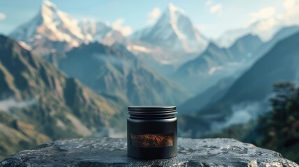 A black Jar of black liquid shilajit resin stands on a rocky surface, against a blurred mountain landscape in soft sunlight. Sunrise. Product advertisement.