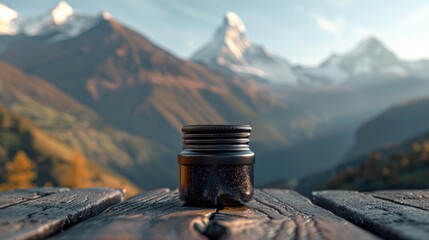 A black Jar of black liquid shilajit resin stands on a rocky surface, against a blurred mountain landscape in soft sunlight. Sunrise. Product advertisement.