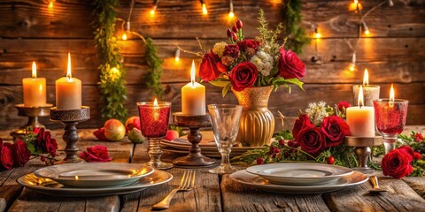 Fototapeta premium Romantic holiday table setting with candles, flowers, and tableware on a rustic wooden background