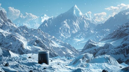 High quality photo of a black shilajit resin jar with a black lid closed. In the background there are stunning mountains and peaks under a soft white blanket of snow, clear blue sky. © Colorful Lemon