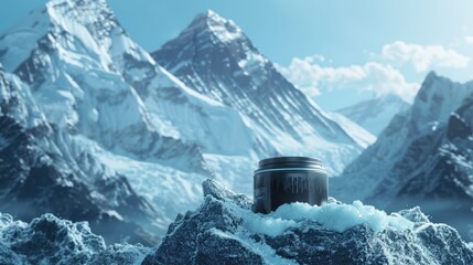 A jar of liquid shilajit resin stands on a snow-covered rock, while the majestic peaks of the Himalayan Mountains rise in the background under a bright clear sky. A black jar in the mountains.