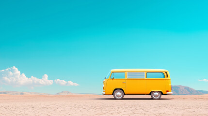 Yellow van travels through a dry landscape