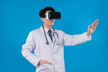 Doctor with stethoscope using VR headset pointing selection 3D hologram healthcare application against blue background with medical technology innovation poster banner materials design. Contrivance.