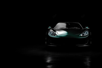 Fototapeta premium Front view of a generic and brandless model concept sports car, green, shiny room for copy, isolated on black