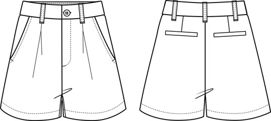 Women's Side Pockets Shorts. Technical fashion illustration. Front and back, white color. Women's CAD mock-up.