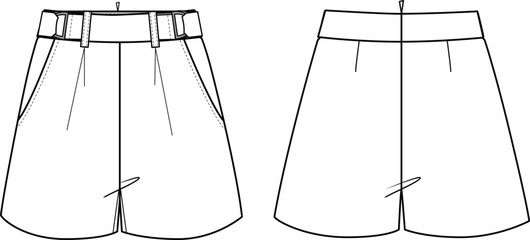 Women's Side Pockets Shorts. Technical fashion illustration. Front and back, white color. Women's CAD mock-up.