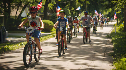 Fototapeta premium Colorful decorations on bikes as a community joins together for a festive bike ride event.
