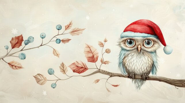 A retro-style holiday greeting with a charming owl in a Santa hat, sitting on a tree branch, surrounded by snowflakes and Christmas winter cheer.