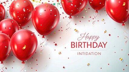 Birthday invitation card with red balloons and confetti for celebration