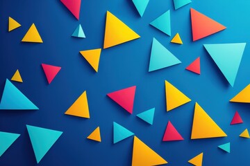 A vibrant abstract composition featuring colorful geometric shapes on a blue background.