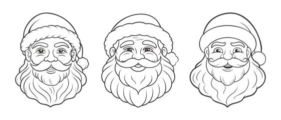 Set of hand drawn funny Santa Claus faces. Design for children's coloring book. Illustration