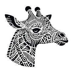 Giraffe in zentangle art, stencil logo, black and white animal illustration