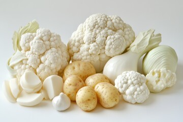 Variety of White Vegetables Including Cauliflower, Potatoes, and Garlic - Ideal for Healthy Eating, Recipe Design, and Food Blogs