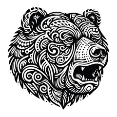 Obraz premium grizzly bear in zentangle art, stencil logo, black and white animal illustration