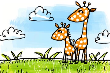 A child's chalk creation of two orange giraffes with white spots on a grassy hill beneath a clear azure sky.