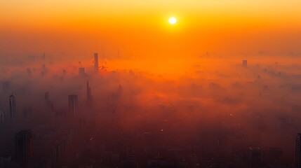 Obraz premium A cityscape at sunset, shrouded in orange-tinted smog, with the sun struggling to pierce through polluted skies, representing the intertwined crises of air pollution and climate change.