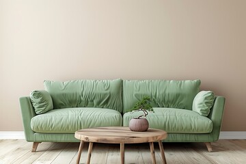 Minimalist living room featuring a light green sofa and wooden coffee table against a soothing beige wall. 