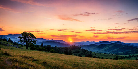 Panoramic Sunset Over Relaxing Mountain Range