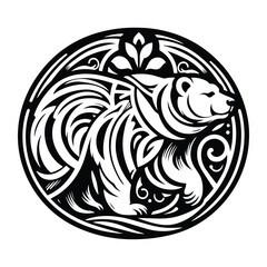 grizzly bear with art nouveau decoration, stencil logo, black and white animal illustration
