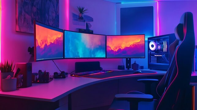 Modern Gaming Setup with LED Lights and Triple Monitors