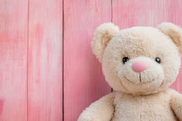 Obraz premium Charming Bear Close-Up, Soft Pink Wooden Background