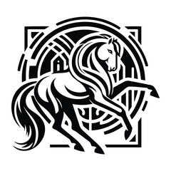 Fototapeta premium Horse with art deco decoration, stencil logo, black and white animal illustration