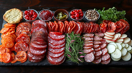 Charcuterie Board with Mixed Meats, Cheese, Grapes, Olives, and Cherry Tomatoes, cold cuts meat, banner