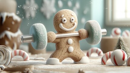 Muscular gingerbread man in a determined pose, lifting candy cane weights, with a playful expression, shown on a humorous New Year greeting card.