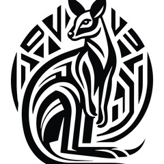 Kangaroo with art deco decoration, stencil logo, black and white animal illustration